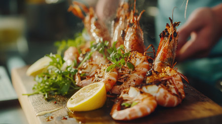 A close-up of juicy, grilled prawns being served on a wooden board, garnished with herbs and lemon slices.の素材