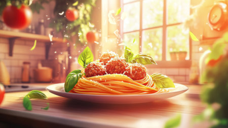 A beautifully presented plate of spaghetti topped with meatballs and fresh basil, illuminated by warm sunlight, evoking a cozy and inviting kitchen atmosphere.の素材