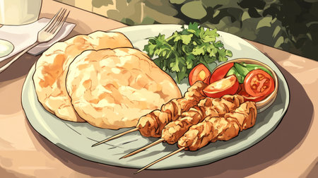 Enjoy a vibrant plate featuring grilled skewers with fresh ingredients served alongside flatbread and colorful vegetables, perfect for outdoor meals.の素材