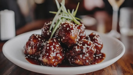 A mouthwatering plate of Asian meatballs drizzled with a rich sauce, garnished with sesame seeds and scallions, perfect for sharing or fine dining.の素材