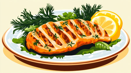 A beautifully presented grilled fish fillet garnished with fresh herbs and lemon slices, perfect for healthy meals and gourmet dining experiences.の素材