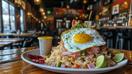 This vibrant plate of fried rice features a sunny-side-up egg and fresh ingredients, perfect for a delicious meal at any restaurant. Indulge in this culinary delight!の素材