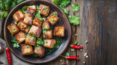 A delightful arrangement of grilled tofu cubes garnished with fresh herbs and spices on a rustic wooden plate, ideal for a healthy vegetarian meal.の素材