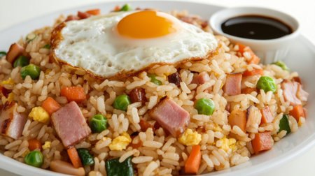 A mouthwatering plate of fried rice topped with a perfectly cooked egg, colorful vegetables, and savory flavors. A perfect meal for any time of the day.の素材
