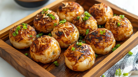 A stunning display of grilled takoyaki balls garnished with green onions, perfect for showcasing Japanese street food culture. Ideal for food photography.の素材