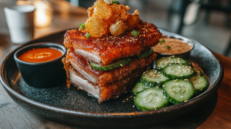 Indulge in a delectable serving of crispy pork belly, garnished with fresh cucumber slices and accompanied by a savory dipping sauce. A perfect dish for food lovers!の素材