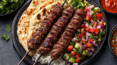 A mouthwatering display of grilled kebabs served with fresh vegetables, rice, and flatbread, perfect for a flavorful meal. Ideal for food lovers.の素材