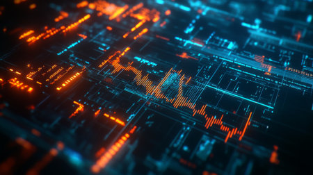 A captivating digital abstract background filled with glowing lines and intricate data patterns. Ideal for technology, science, and creative projects.の素材