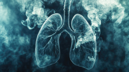 A creative illustration of lungs filled with smoke, symbolizing the direct impact of air pollution on human health.の素材