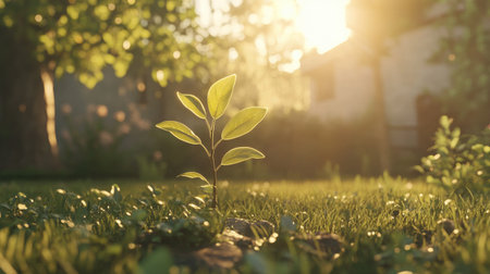 A fresh green sapling growing in a well-maintained garden, with morning sunlight shining through its leaves.の素材