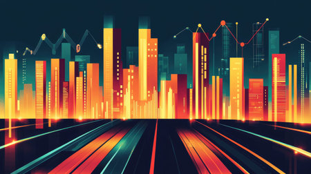 A graphic rendering of an abstract cityscape made of glowing bars and charts, symbolizing urban analytics.の素材