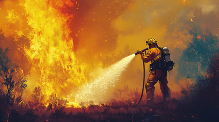 A firefighter spraying water onto a wildfire as the blaze continues to rage behind them.の素材
