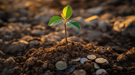 A small sapling growing from a pile of coins, symbolizing the growth of business investments.の素材