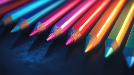 A set of metallic-colored pencils shining under soft light, arranged diagonally on a dark background.の素材