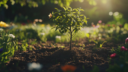 A small tree growing in a garden, surrounded by flowers and plants, with sunlight casting soft shadows on the soil.の素材