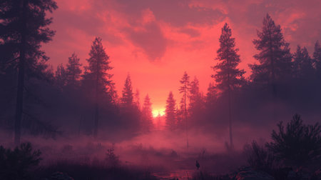 A smoky forest at dawn with red-tinted skies, showing the aftermath of a wildfire.の素材