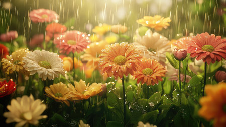 A wide view of a beautiful garden filled with blooming flowers, with droplets of water sparkling on the petals.の素材