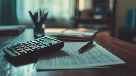 Close-up of a calculator, financial documents, and a pen on a wooden desk, symbolizing financial analysis.の素材