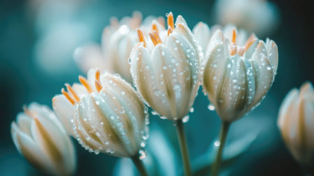 Close-up of delicate white flowers covered with water droplets, captured in the tranquil atmosphere of a flower garden.の素材
