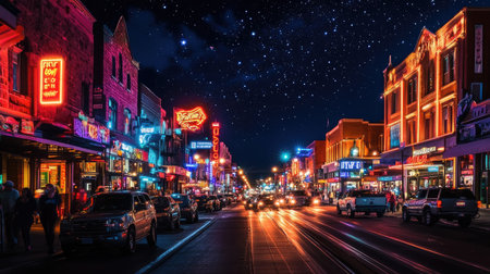 A vibrant urban street at night with neon signs, bustling crowds, and cars passing under a starry sky.の素材