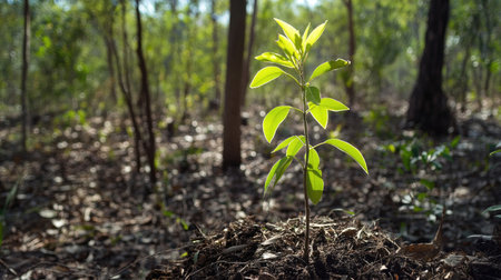 A tree sapling with fresh leaves, growing under a canopy of larger trees in a peaceful forest setting.の素材