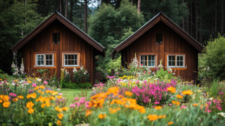 Twin houses with a rustic charm, wooden walls, and a shared front yard garden blooming with colorful flowers.の素材