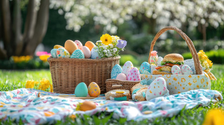 A spring picnic with an Easter theme, featuring a basket of eggs, sandwiches, and colorful decorations.の素材