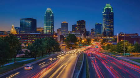 The capital city's downtown area at night, with skyscrapers reflecting the glow of city lights, and a traffic-filled road below.の素材