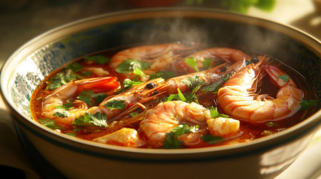 A steaming bowl of fresh shrimp soup, garnished with herbs and spices. The vibrant colors and rich aroma create an inviting meal perfect for any occasion.の素材