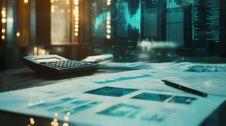 A modern finance workspace featuring charts, reports, and a calculator. This image showcases data analysis elements essential for business strategy and planning.の素材