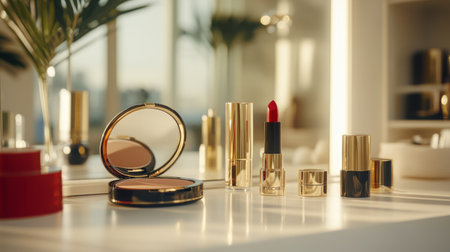 A stylish arrangement of glamorous makeup products on a chic vanity, featuring vibrant red lipstick and a sleek blush compact, illuminated by natural light.の素材