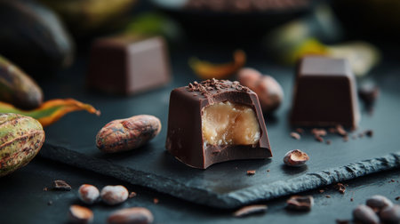 A delectable dark chocolate truffle with a rich caramel center rests on a sleek slate surface, surrounded by cocoa beans, showcasing indulgent culinary art.の素材