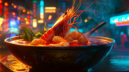 A captivating bowl of vibrant seafood soup with shrimp and fresh herbs, exuding steam and character in a lively night market setting. Ideal for food lovers.の素材