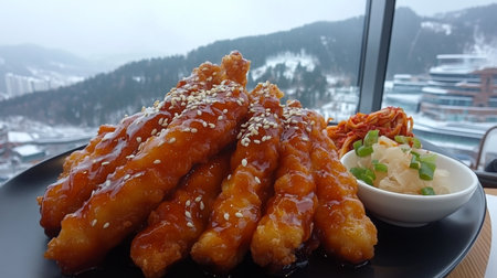 A mouthwatering view of crispy chicken strips glazed with a sweet sauce, garnished with sesame seeds, served with refreshing side dishes. Perfect for food lovers.の素材