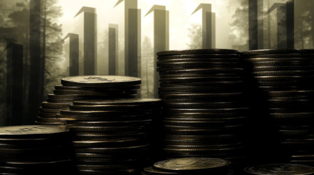 A captivating image showcasing stacks of coins symbolizing financial growth, amidst a backdrop of abstract pillars, representing economic progress and potential.の素材