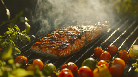 A freshly grilled salmon fillet surrounded by colorful vegetables on a barbecue grill, featuring vibrant colors and smoky flavors, ideal for summer meals.の素材