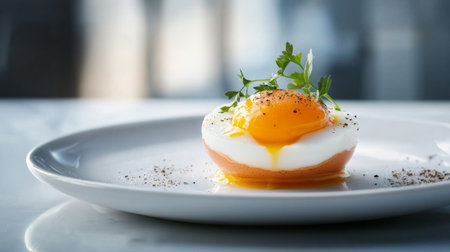 This beautifully styled poached egg sits on a plate, garnished with fresh herbs and black pepper, showcasing a perfect balance of simplicity and elegance.の素材