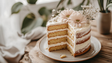 A beautifully decorated layer cake featuring creamy frosting and delicate pink flowers sits on a rustic wooden table, perfect for celebrations.の素材
