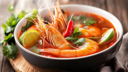Experience the rich flavors of a shrimp soup, featuring fresh herbs, vibrant spices, and a hint of lime. Perfect for warming your soul!の素材