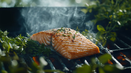 This stunning image features perfectly grilled salmon fillet seasoned with herbs on a barbecue grill. Smoke wafts around the vibrant greens, creating a tantalizing scene.の素材
