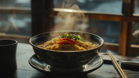 A steaming bowl of noodles sits on a rustic wooden table, garnished with fresh herbs and vibrant chili peppers, inviting warmth and comfort in each bite.の素材