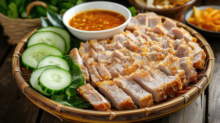 An appetizing arrangement of crispy pork on a bamboo platter, surrounded by fresh cucumber slices and a bowl of spicy dipping sauce, ideal for sharing.の素材