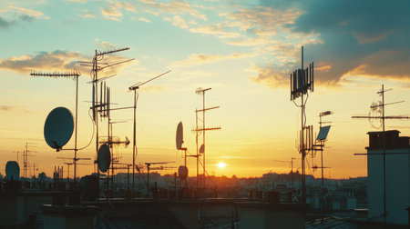 An array of different-sized television antennas on a building roof, with cables trailing down, silhouetted against a sunset sky, capturing urban broadcasting.の素材