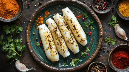 An artistic overhead shot of grilled squid on a rustic plate, surrounded by colorful spices and herbs, emphasizing the dish's culinary appeal.の素材