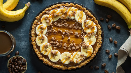 An overhead shot of a whole banoffee pie topped with banana slices and drizzled caramel, surrounded by fresh bananas and coffee beans for decoration.の素材