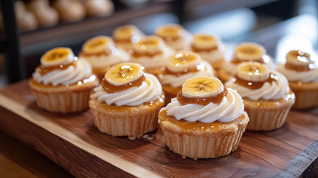 An artistic arrangement of mini banoffee tarts topped with banana slices and caramel, beautifully displayed on a wooden board.の素材