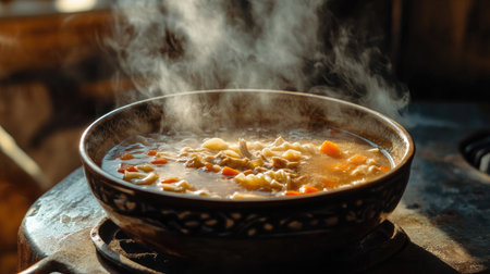 A bowl of rich chicken noodle soup with carrots and celery, with steam rising, creating a warm and comforting atmosphere on a rustic table.の素材
