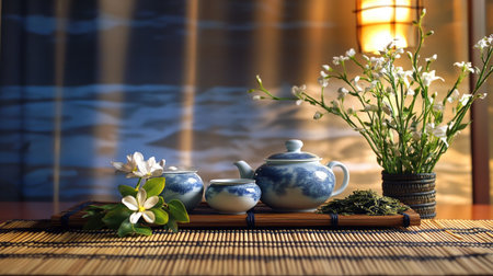 A beautiful ceramic tea set in shades of blue and white, arranged on a bamboo mat, with green tea leaves and a small flower arrangement beside it.の素材
