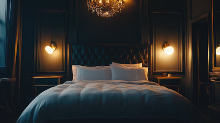 A beautifully designed luxurious bedroom featuring a king-sized bed with plush linens, elegant bedside tables, and a chandelier casting a warm glow.の素材