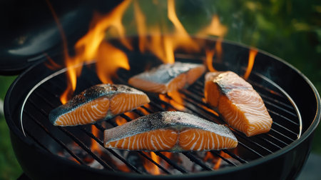 A charcoal grill filled with salmon fillets sizzling over the flames, capturing the essence of outdoor cooking and the smoky aroma of grilled fish.の素材